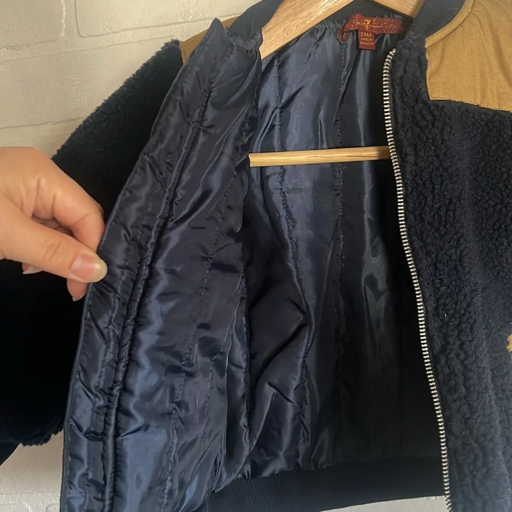 7 for All Mankind Boys Sherpa Fuzzy Bomber Jacket Sz 24 Months Blue Zip Front